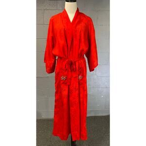 Vintage Red Jacquard Embroidered Dragon Kimono Robe Size XL